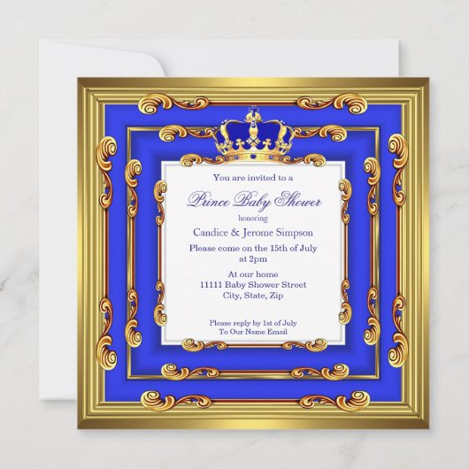 Prince Baby Shower Royal Blue Frame Brünett Einladung (Rückseite)