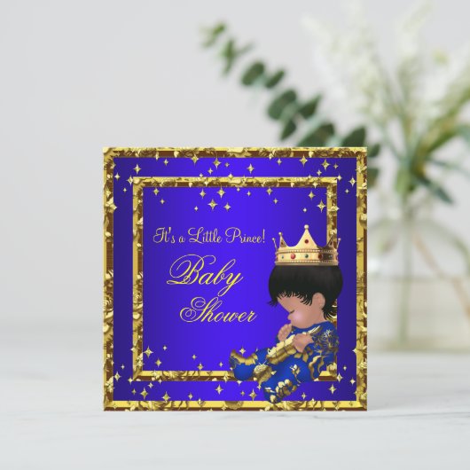 Prince Baby Shower Royal Blue Gold Boy Kronenstars Einladung (Stehend Vorderseite)
