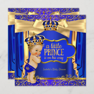 Prince Baby Shower Royal Blue Gold Drapes Blonde Einladung