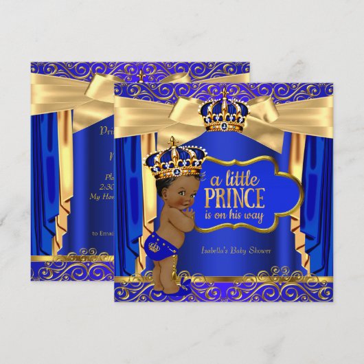 Prince Baby Shower Royal Blue Gold Drapes Ethnic Einladung (Vorne/Hinten)