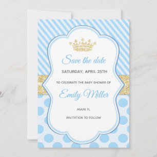 Prince Baby Shower Save the Date Blue Gold Glitzer