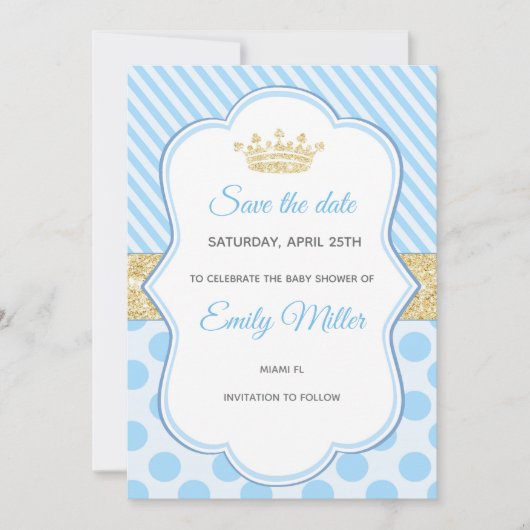 Prince Baby Shower Save the Date Blue Gold Glitzer (Vorderseite)