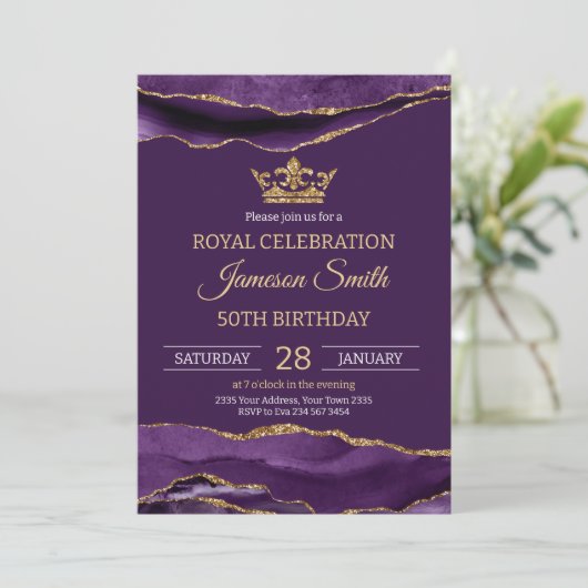 Prince Birthday Royal Purple Gold Einladung (Stehend Vorderseite)