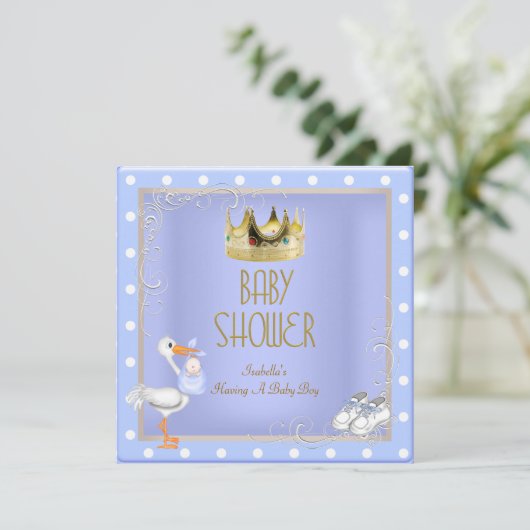 Prince blue Baby Shower Boy Baby Crown Spot Einladung (Stehend Vorderseite)