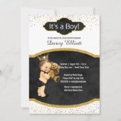 Prince Boy Baby Dusche | Black Imitats Gold Glitze Einladung (Vorderseite)
