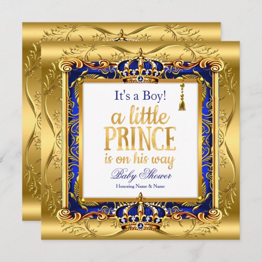 Prince Boy Baby Dusche Blue Verziert Gold Einladung (Vorne/Hinten)