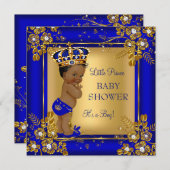Prince Boy Baby Dusche Gold Blue African American Einladung (Vorne/Hinten)