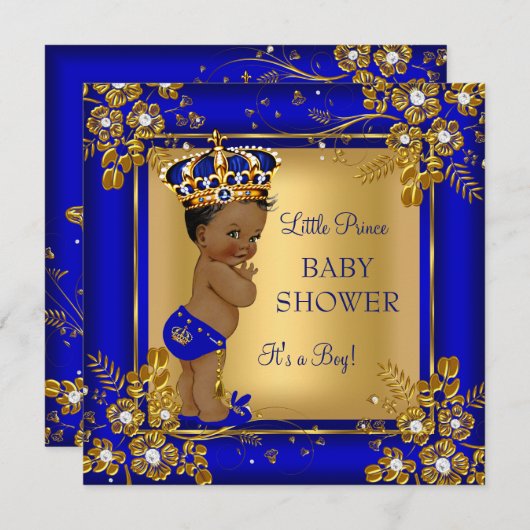 Prince Boy Baby Dusche Gold Blue African American Einladung (Vorne/Hinten)
