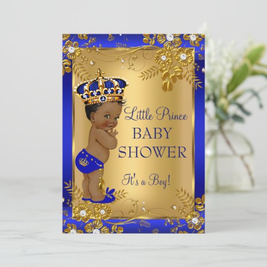 Prince Boy Baby Dusche Gold Blue African American Einladung (Stehend Vorderseite)