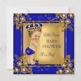 Prince Boy Baby Dusche Gold Blue Brünett Einladung