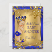 Prince Boy Baby Dusche Gold Blue Floral Blonde Einladung (Vorderseite)