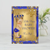 Prince Boy Baby Dusche Gold Blue Floral Blonde Einladung (Stehend Vorderseite)