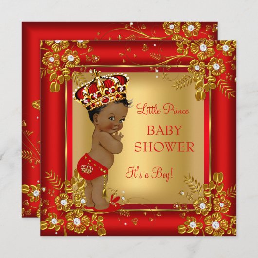 Prince Boy Baby Dusche Gold Red African American Einladung (Vorne/Hinten)