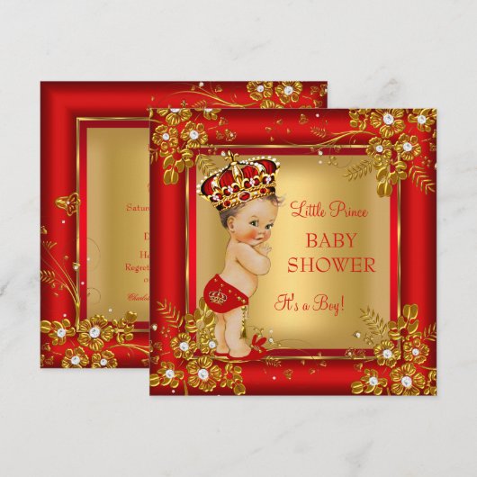 Prince Boy Baby Dusche Gold Red Brünett Einladung (Vorne/Hinten)