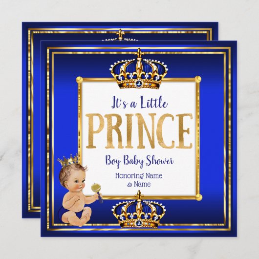 Prince Boy Baby Dusche Royal Blue Gold Brünett Einladung (Vorne/Hinten)