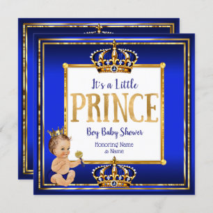 Prince Boy Baby Dusche Royal Blue Gold Brünett Einladung