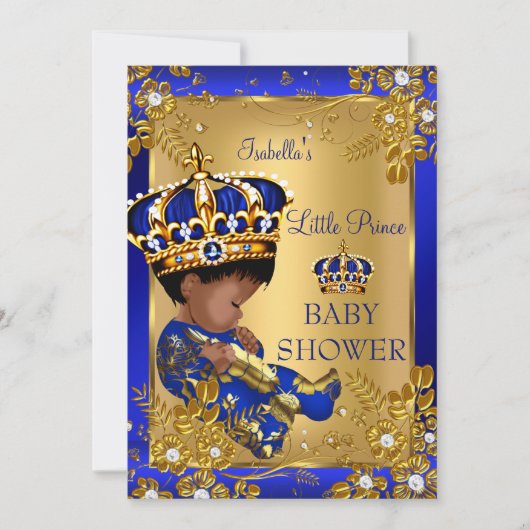 Prince Boy Baby Duwer Gold Blue Crown Ethnic Einladung (Vorderseite)