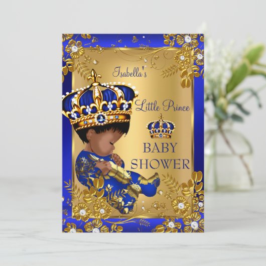 Prince Boy Baby Duwer Gold Blue Crown Ethnic Einladung (Stehend Vorderseite)