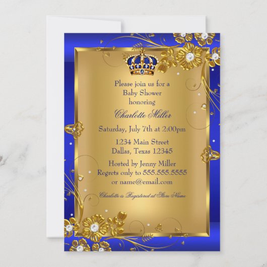 Prince Boy Baby Duwer Gold Blue Crown Ethnic Einladung (Rückseite)