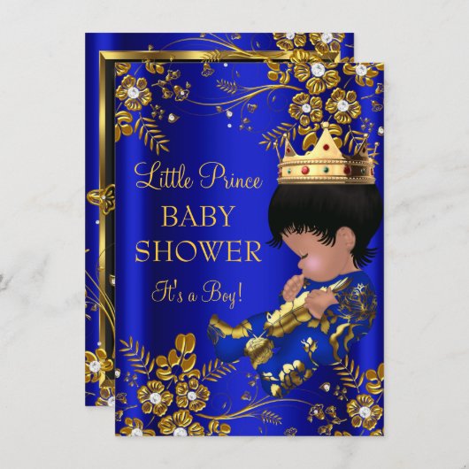 Prince Boy Baby Shower Blue Gold Einladung (Vorne/Hinten)