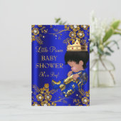 Prince Boy Baby Shower Blue Gold Einladung (Stehend Vorderseite)