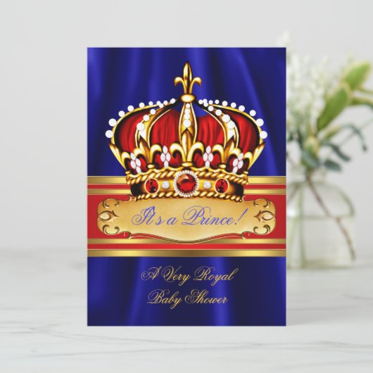 Prince Boy Baby Shower Red Royal Blue Gold Crown Einladung (Stehend Vorderseite)