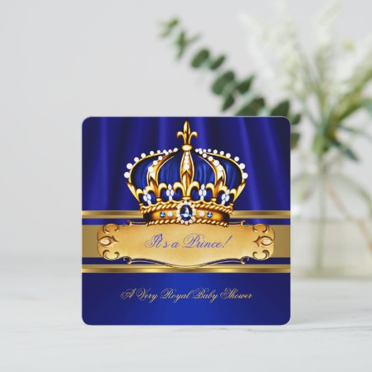 Prince Boy Baby Shower Royal Blue Gold Einladung (Stehend Vorderseite)