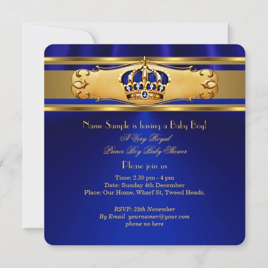 Prince Boy Baby Shower Royal Blue Gold Einladung (Rückseite)