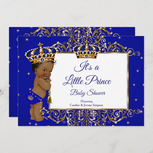 Prince Boy Baby Shower Royal Blue Gold Ethnic 2 Einladung (Vorne/Hinten)
