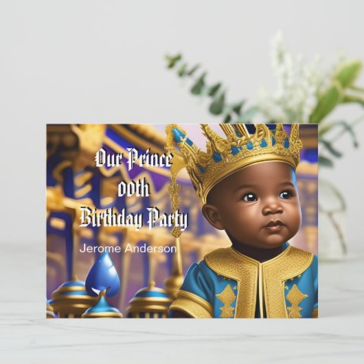 Prince Boy Birthday Blue Gold American Einladung (Stehend Vorderseite)