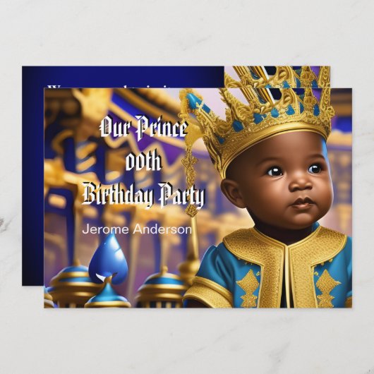 Prince Boy Birthday Blue Gold American Einladung (Vorne/Hinten)