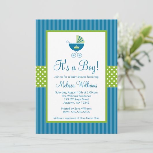 Prince Carriage Blue Green Stripes Baby Dusche Einladung (Stehend Vorderseite)