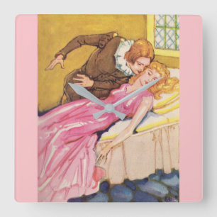 Prince Charming küsst Schlaf Schönheit Quadratische Wanduhr