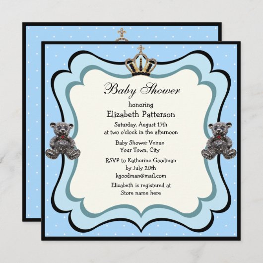 Prince Crown & Teddy Bear Jewels Boy Baby Dusche Einladung (Vorne/Hinten)