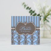 Prince Damask & Stripe Black & Blue Baby Dusche Einladung (Stehend Vorderseite)