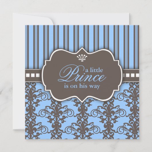 Prince Damask & Stripe Black & Blue Baby Dusche Einladung (Vorderseite)