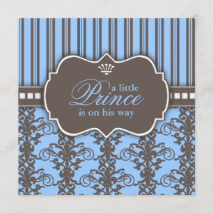 Prince Damask & Stripe Black & Blue Baby Dusche Einladung