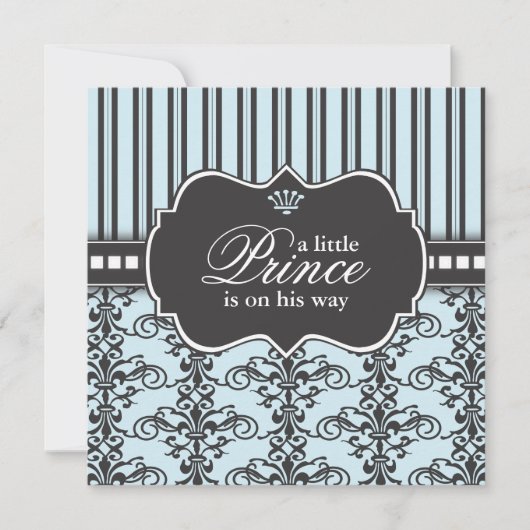 Prince Damask & Stripe Black & Blue Baby Dusche Einladung (Vorderseite)