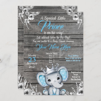 Prince Elephant Baby Shower Einladung Silver Blue