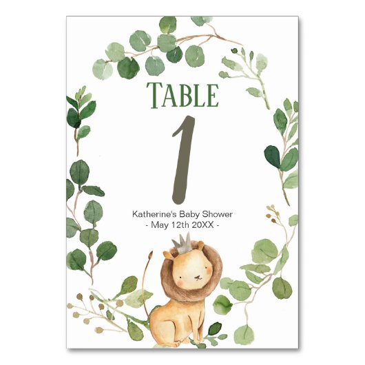 Prince Greenery Lion Baby Shower Tischnummer (Vorderseite)