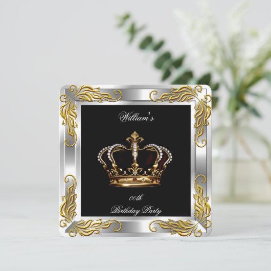 Prince King Men Black Silver Birthday Party Einladung (Stehend Vorderseite)