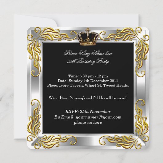 Prince King Men Black Silver Birthday Party Einladung (Rückseite)