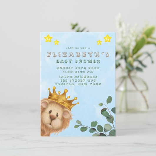 Prince Lion Golden Crown Boy Baby Dusche Einladung (Stehend Vorderseite)