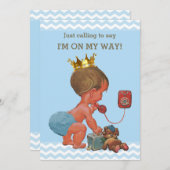 Prince on Phone Baby Dusche Chevrons Blue Einladung (Vorne/Hinten)
