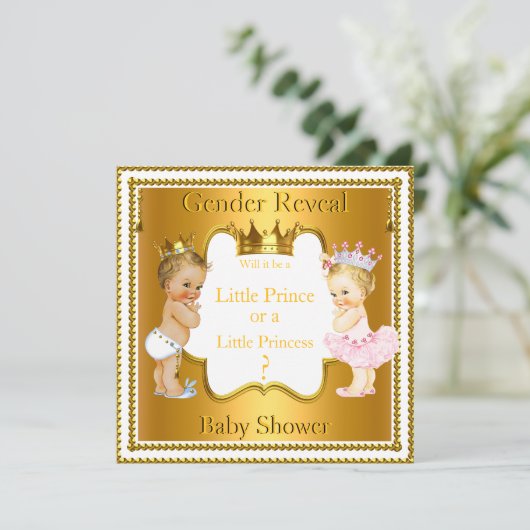 Prince Princess Gender Reveal Baby Shower Blonde Einladung (Stehend Vorderseite)