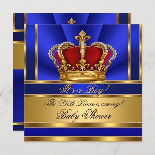 Prince Royal Blue Boy Baby Shower Red Gold Crown Einladung (Vorne/Hinten)
