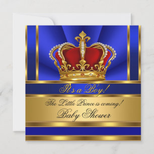Prince Royal Blue Boy Baby Shower Red Gold Crown Einladung