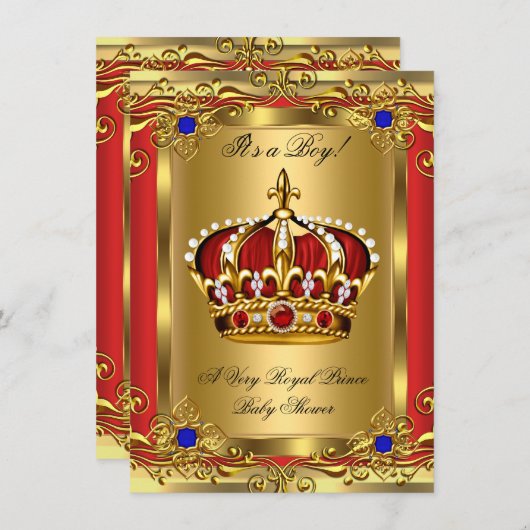 Prince Royal Blue Boy Baby Shower Regal Red Gold 3 Einladung (Vorne/Hinten)