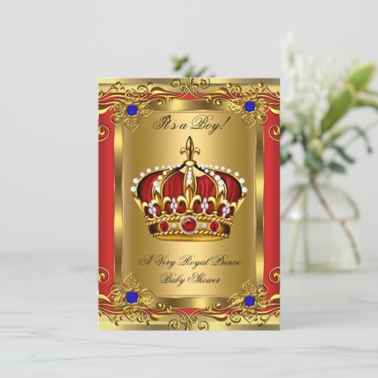 Prince Royal Blue Boy Baby Shower Regal Red Gold 3 Einladung (Stehend Vorderseite)