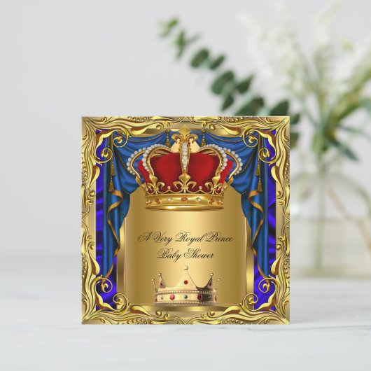 Prince Royal Blue Boy Baby Shower Regal Red Gold Einladung (Stehend Vorderseite)